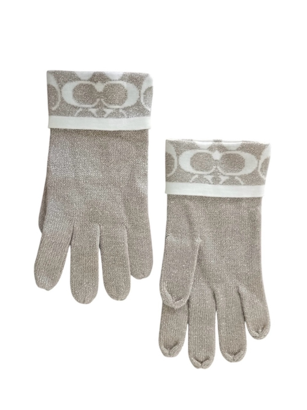 Coach Metallic Beige Knit Gloves with Logo Cuff